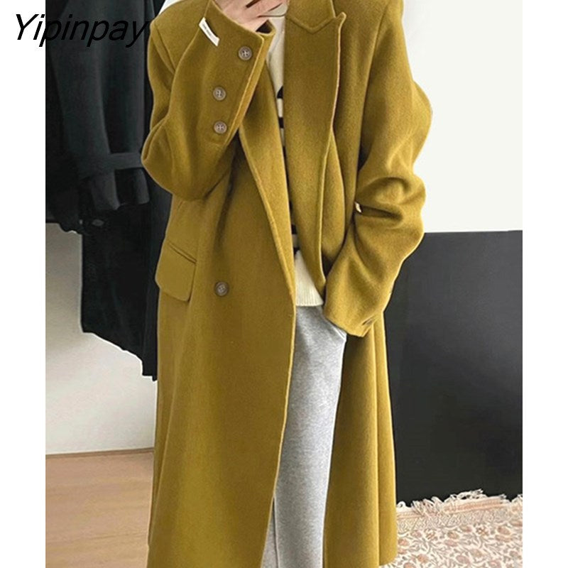 Yipinpay Women's Winter Elegant Thick Woolen Coats Women 2023 Street Temperament Loose Long Overcoat Warm Vintage Green Outwear