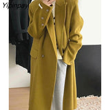 Yipinpay Women's Winter Elegant Thick Woolen Coats Women 2023 Street Temperament Loose Long Overcoat Warm Vintage Green Outwear