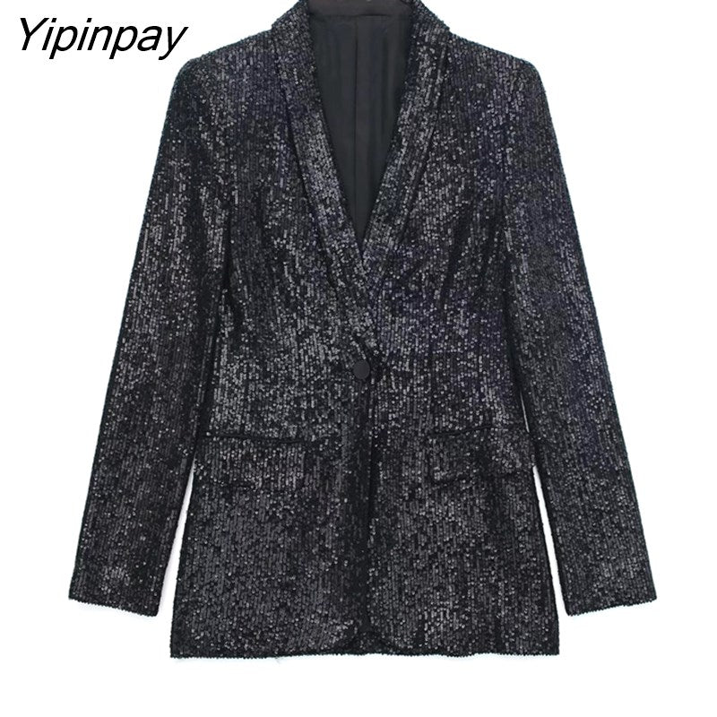 Yipinpay Women Beading Blazer Jackets 2023 Autumn Winter Notched Office Outfits Pockets Coats Single Button Long Sleeve Chic Outwear