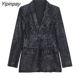 Yipinpay Women Beading Blazer Jackets 2023 Autumn Winter Notched Office Outfits Pockets Coats Single Button Long Sleeve Chic Outwear