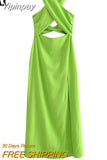 Yipinpay 2023 Cut Out Halter Dress Woman Green Backless Long Dress Women Summer Sexy Party Dresses Holiday Off Shoulder Midi Dresses