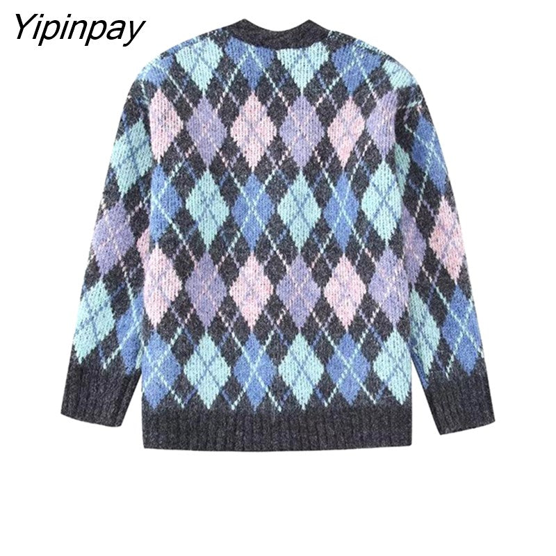 Yipinpay Women Winter Thicken Argyle Knitted Sweater Coats 2023 Fashion Jewelry Buttons Cardigan Tops Female Long Sleeve Chic Top