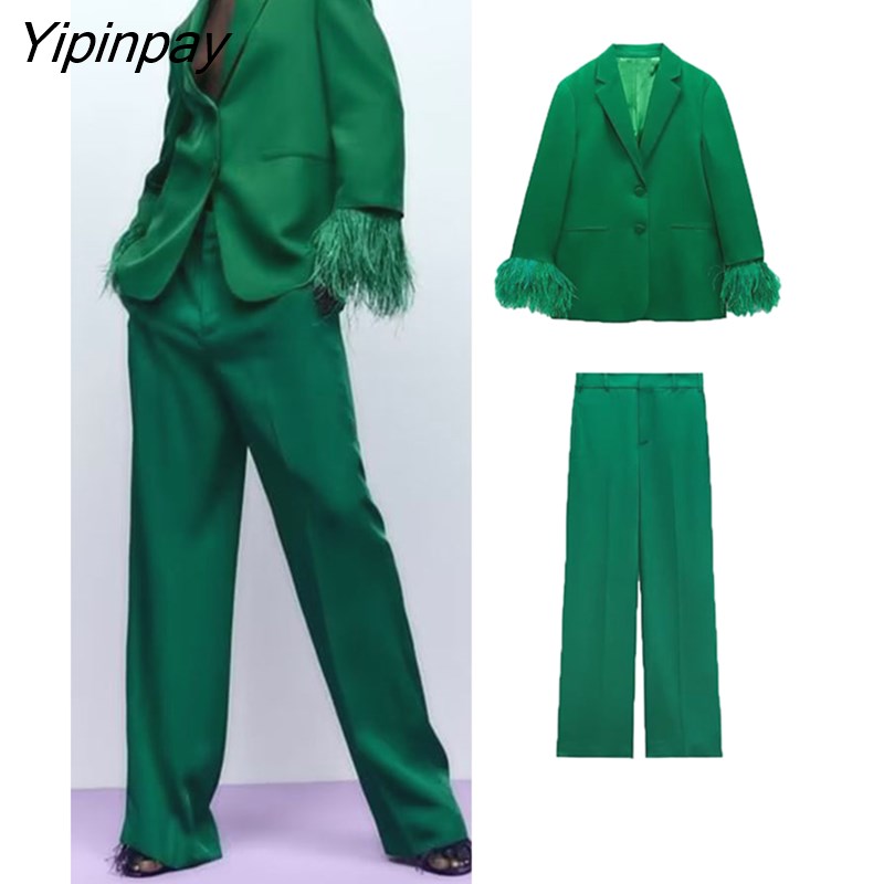 Yipinpay 2Pcs Spring Autumn Women Solid Blazer Suit 2023 Feather Office Outfits Elegant Jackets Coats Long Trousers Basic Outwear