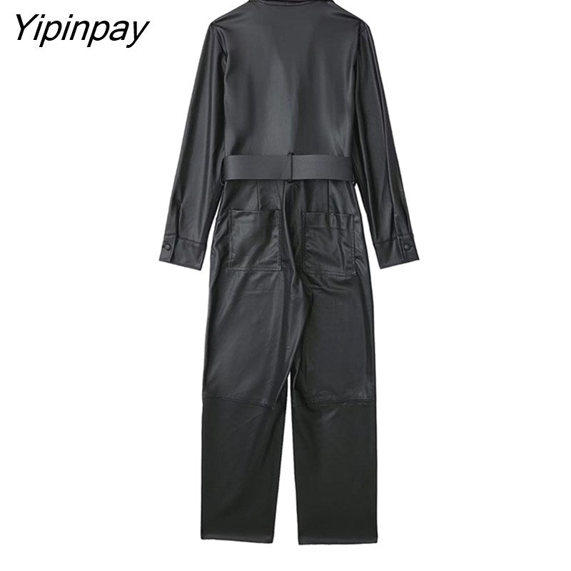 Yipinpay 2023 Fashion Women Faux Leather Jumpsuits With Belt Spring Autumn Vintage Long Sleeve Notched Female Causal Playsuits Mujer
