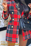 Yipinpay Women Chic Elegant Plaid Pattern Colorblock Buttoned Longline Blazer Coat