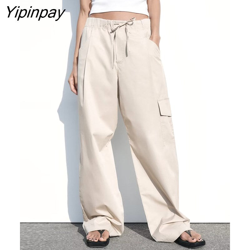 Yipinpay 2023 New Fashion Women Solid Cargo Pants Summer High Waist Straight Long Pants Casual High Street Pocket Outwear Two Colors