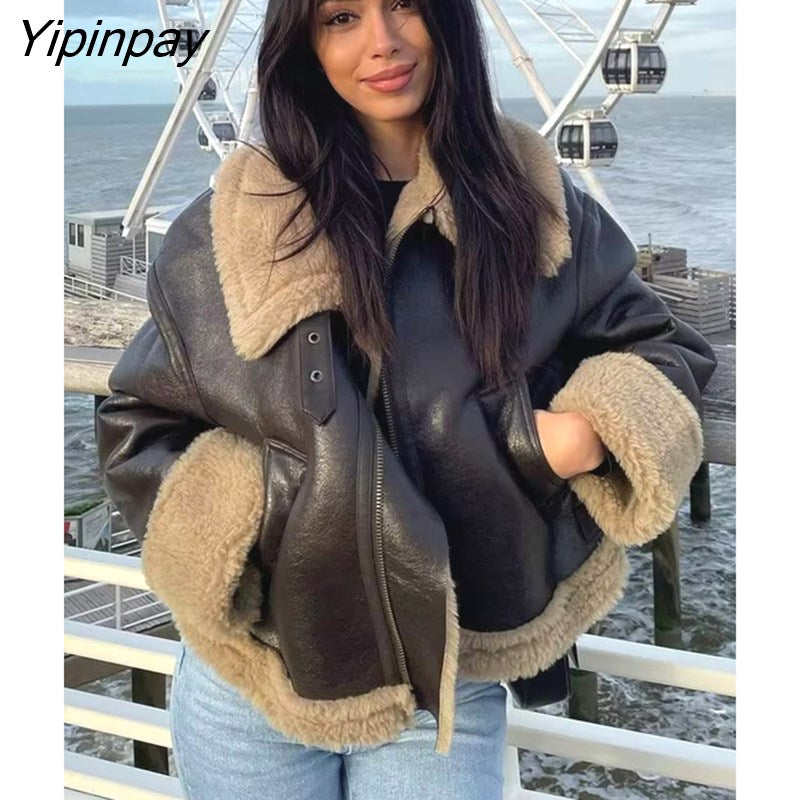 Yipinpay Women Winter Faux Fur Fleece Coat 2023 Fashion Thicken Fur All-in-One Zip Overcoat Locomotive Lapel Warm Outwear