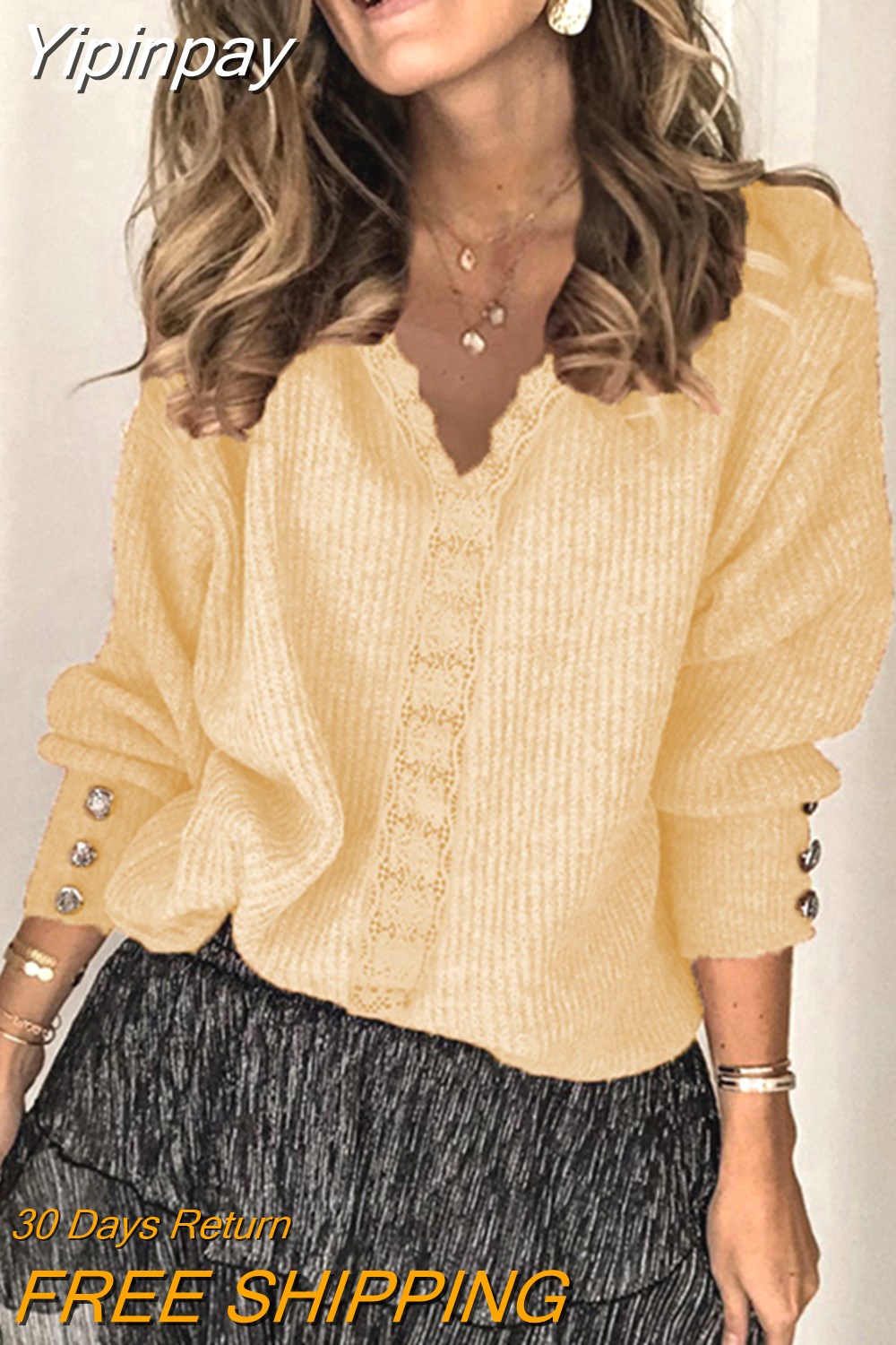 Yipinpay autumn and winter new lace V-neck coat head sweater ladies loose long sleeve solid color sweater pullover tops