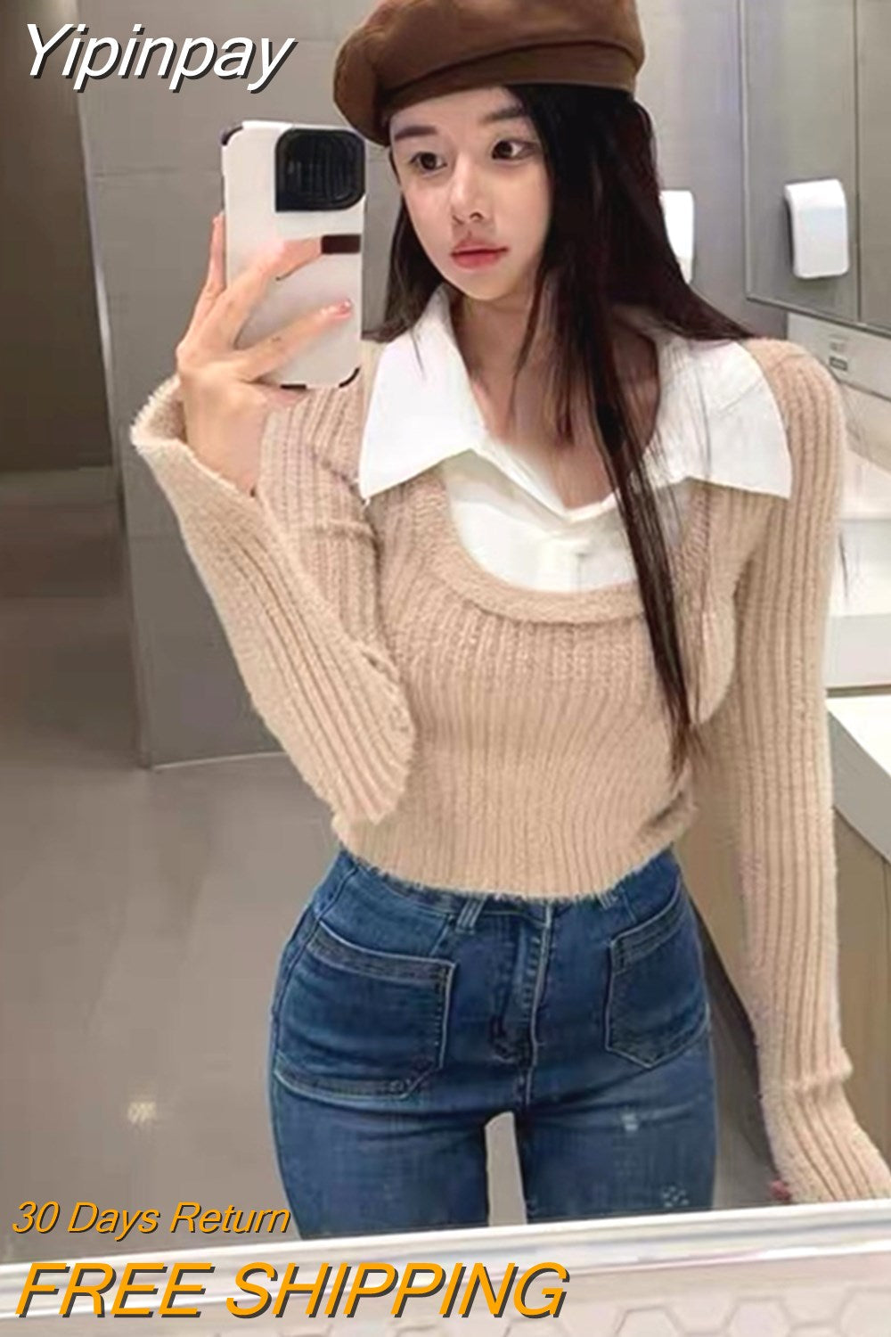 Yipinpay Winter Fake Two Clothing Slim Knitted Sweater Woman Casual Y2k Crop Tops Korean Fashion Pure Color Pullover Office Lady