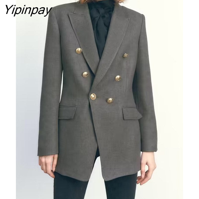 Yipinpay Spring Autumn Women Double Breasted Blazer Coat 2023 Vintage Notched Long Sleeve Jacket Office Lady Pockets Outerwear Tops