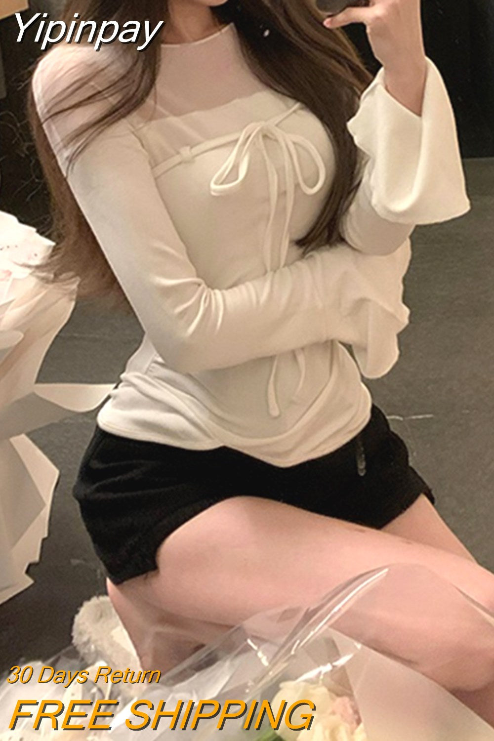 Yipinpay Color Basic Y2k Tops Woman Woman Design Korean Style Long Sleeve Pullover Casual Elegant Fashion Clothing 2023 Spring Chic