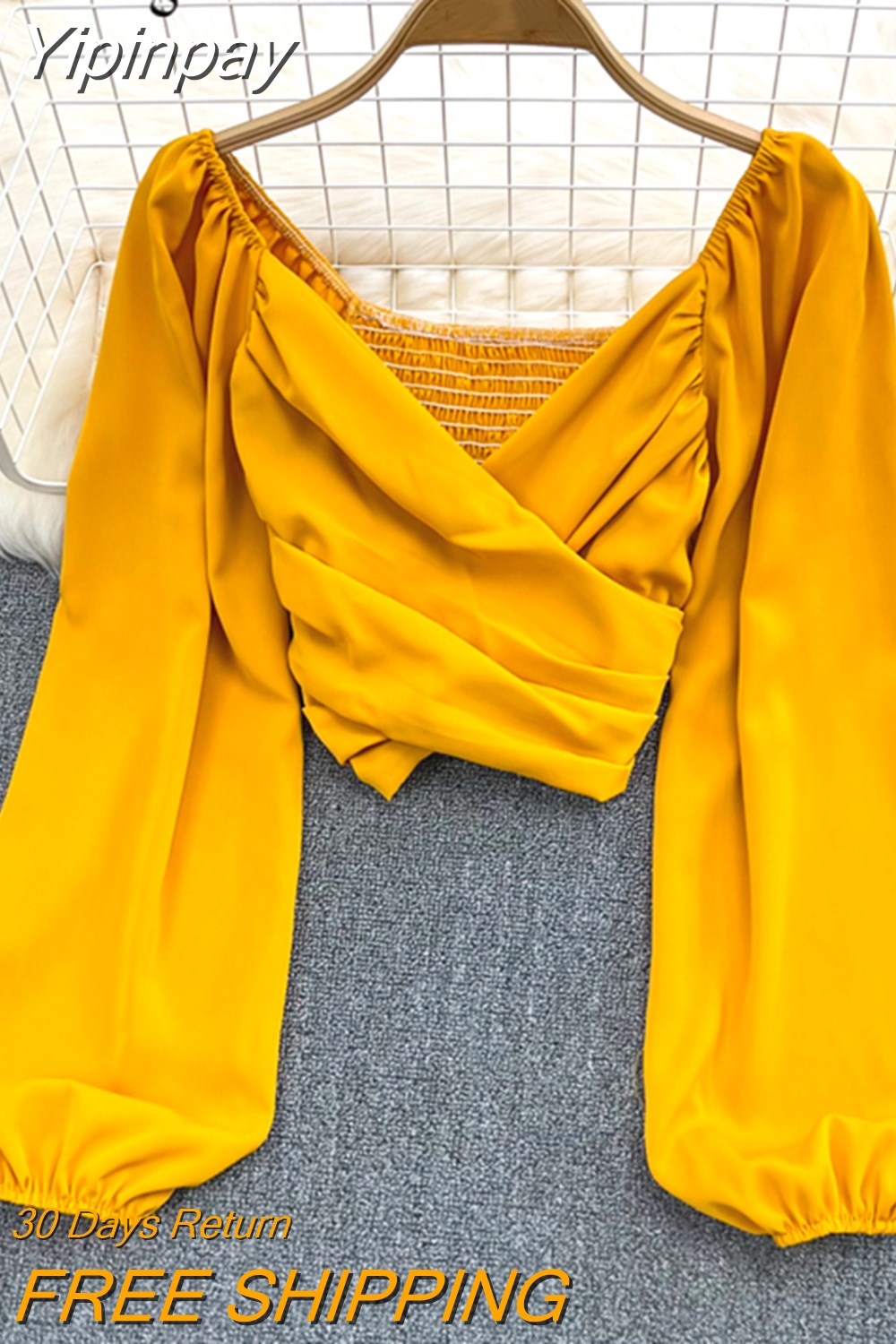 Yipinpay 2023 Spring Summer V-neck Blusas Women Plain Sexy Elastic Long Puff Sleeve Blouses Ladies Chic Ruched Crop Tops Female