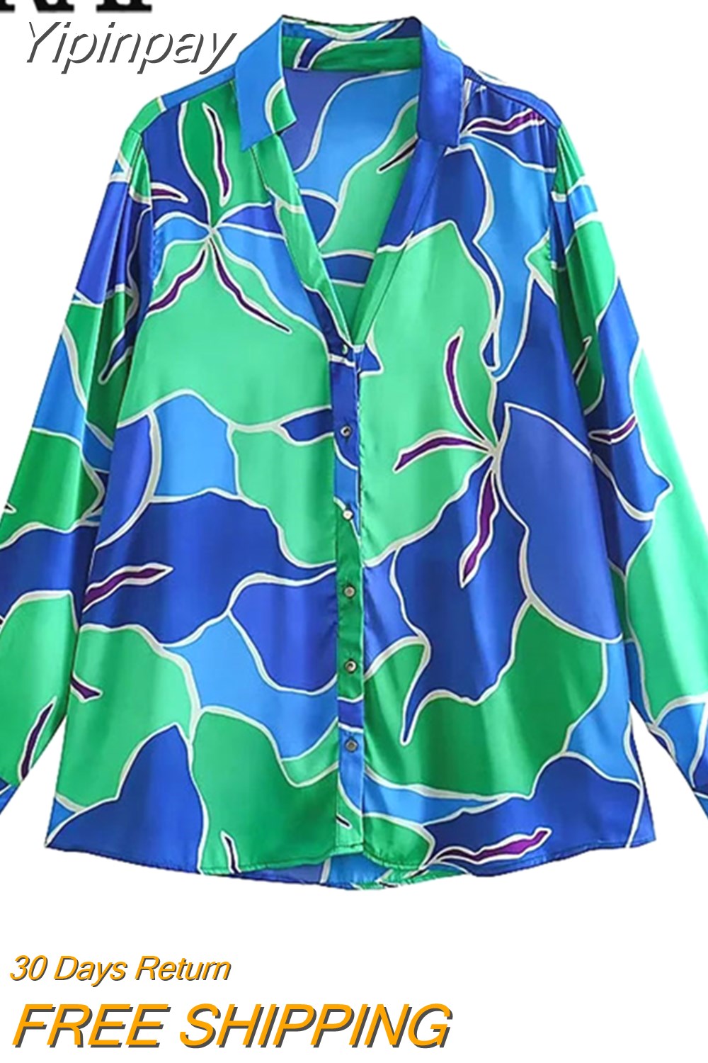 Yipinpay 2023 Blue Print Satin Shirt Woman Vintage Button Up Shirt Women Long Sleeve Shirts And Blouses Women Casual Loose Blouses