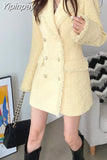 Yipinpay Tassels Buttons Long Sleeve Jacket Winter Coat Yellow Purple Thick Outerwear Ladies Retro Elegant Chic Midi Dress