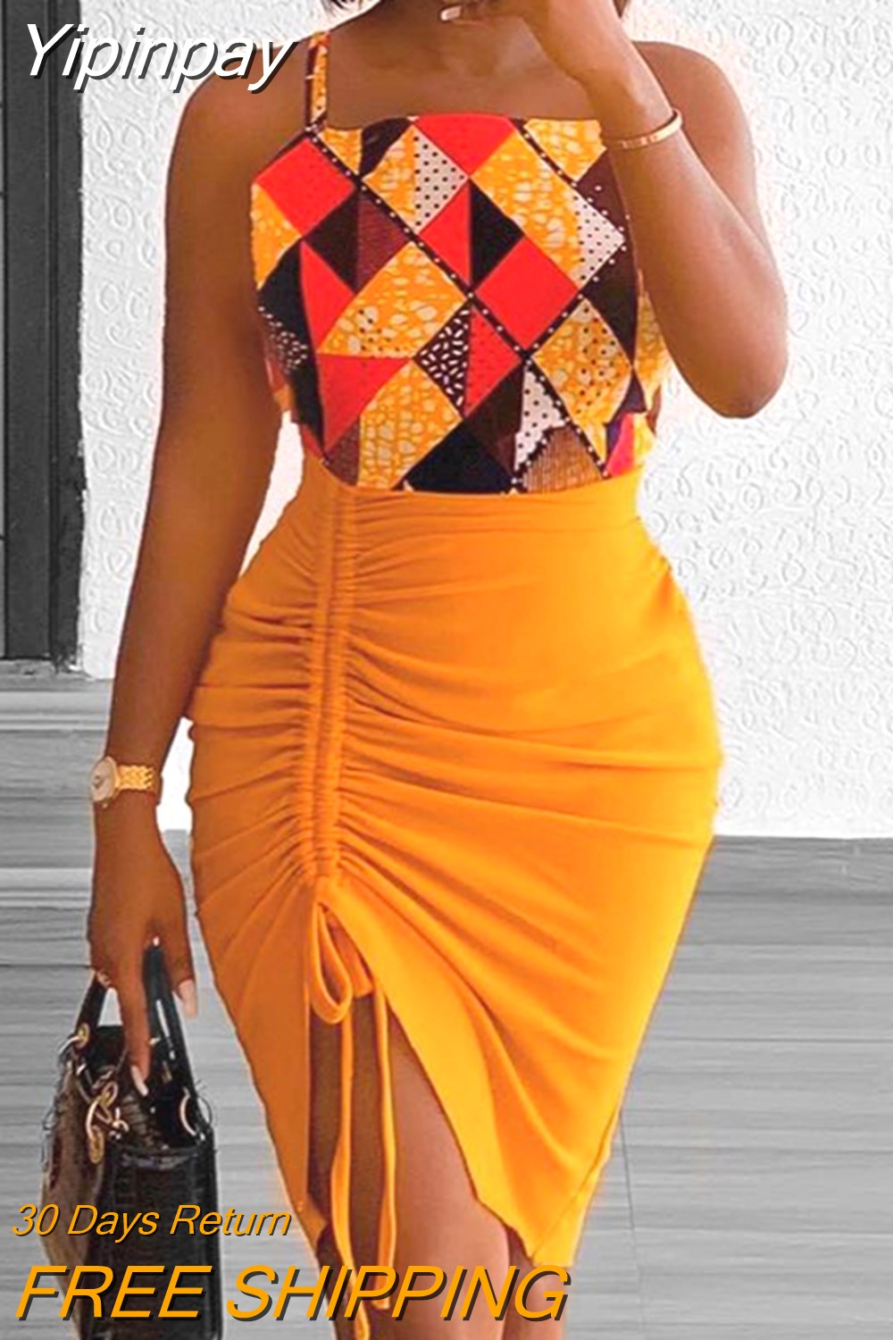 Yipinpay Women Chic All Over Print Crop Top Sleeveless Solid Shirring Bottom Sexy Bodycon Skirt Sets