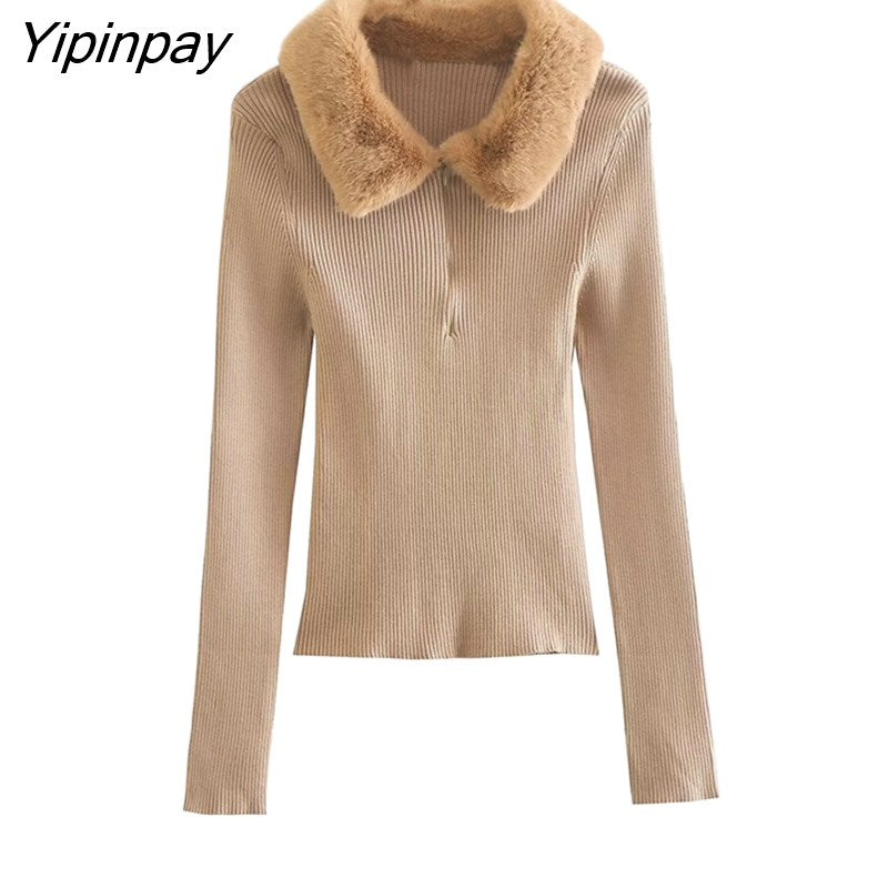 Yipinpay 2023 Women Zip-up Knitted Sweater Coats Harajuku Autumn Winter Warm Long Sleeve Cardigan Turn Down Collar Solid Tops