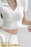 Yipinpay New Cropped Polo Shirts Women Summer Short Sleeve V-neck Y2k Tops Casual Fitting T-shirt Woman