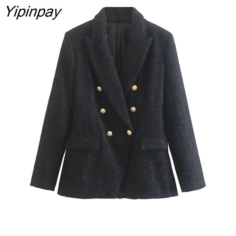 Yipinpay Spring Autumn Women Jacket Coat 2023 Fashion Double Breasted Tweed OL Blazer Vintage Long Sleeve Female Outerwear Chic Top