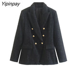 Yipinpay Spring Autumn Women Jacket Coat 2023 Fashion Double Breasted Tweed OL Blazer Vintage Long Sleeve Female Outerwear Chic Top