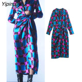Yipinpay 2023 Spring Autumn Elegant Women Wrap Print Dresses Fashion Bow Mid-Calf DressTurn Down Collar Long Sleeve Vestidos