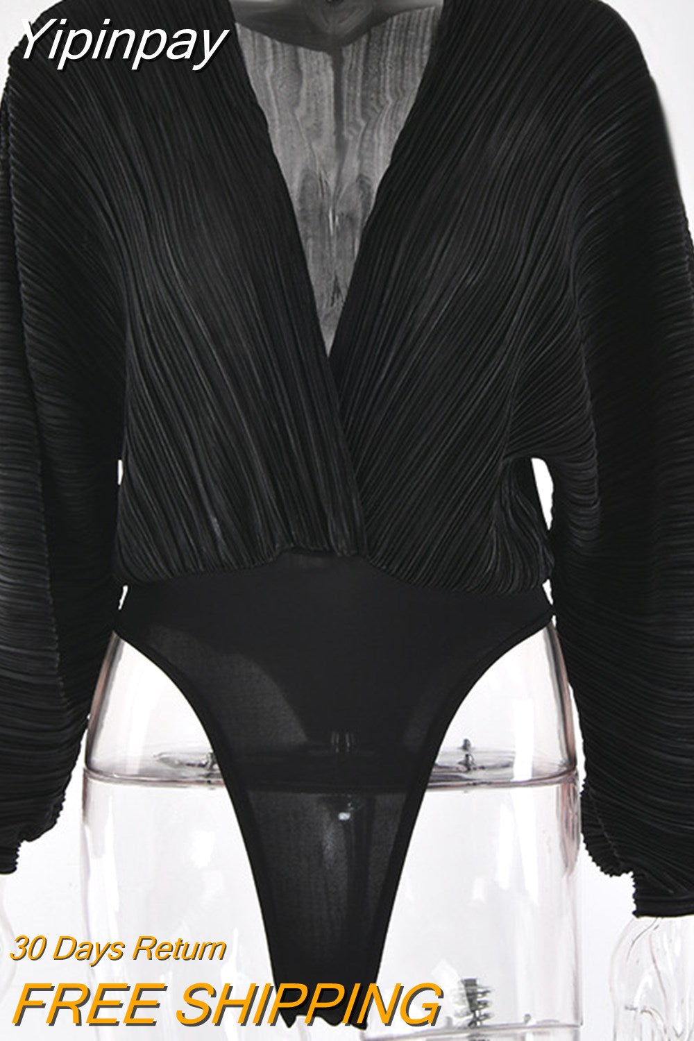 Yipinpay Deep V-Neck Pleated Sexy Bodysuit For Women Black Long Sleeve Bodysuit Rompers Femme Fall Clothing 2023 Fashion Tops