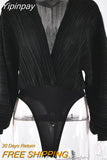 Yipinpay Deep V-Neck Pleated Sexy Bodysuit For Women Black Long Sleeve Bodysuit Rompers Femme Fall Clothing 2023 Fashion Tops
