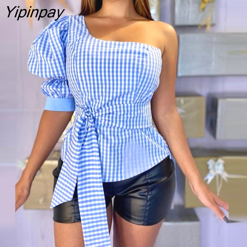 Yipinpay Women Casual One Shoulder Short Puff Sleeve Sashes Plaid blouses Tops