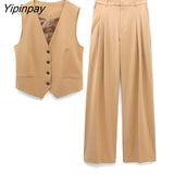 Yipinpay 2023 Women Pant Vest Suit Sets Spring Autumn Fashion V-neck Coat Zipper Wide Leg Pants Basic Causal Office Outfits Outwear