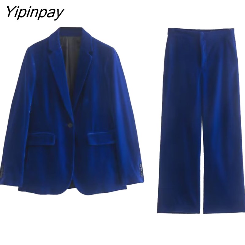 Yipinpay Women Autumn Velvet Blazer Jackets Pants Set 2023 Simple Office Single Button Coat Female Oversize Clothes Outerwear