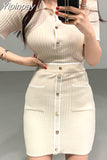 Yipinpay 2-piece set Button pocket pullover top short sleeve + mini skirts suit summer elegant casual ladies new 2023 Korea Two