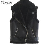Yipinpay Women Fashion Winter Faux Leather Vest Jacket 2023 Fleece lLning Thicken Warm Coat Vintage PU Female Waistcoat Chic Tops