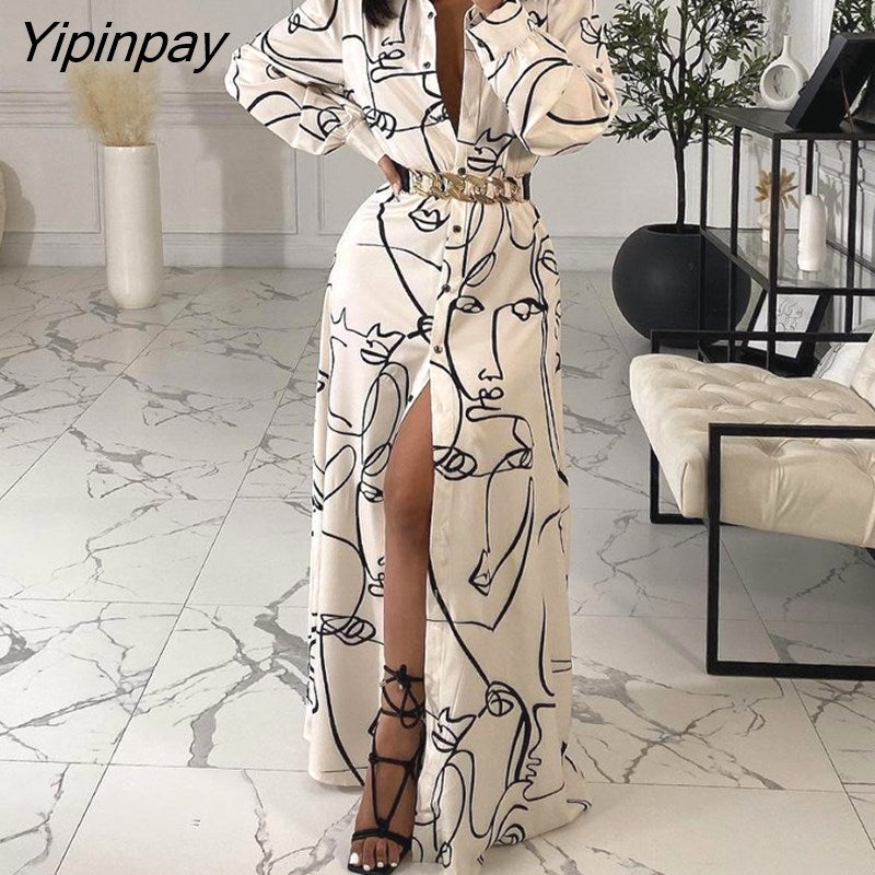 Yipinpay Women Chic Abstract Face Pattern Button Long Sleeves Turn Sown Collar Maxi Sexy Chain Midriff Dress Top