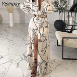 Yipinpay Women Chic Abstract Face Pattern Button Long Sleeves Turn Sown Collar Maxi Sexy Chain Midriff Dress Top