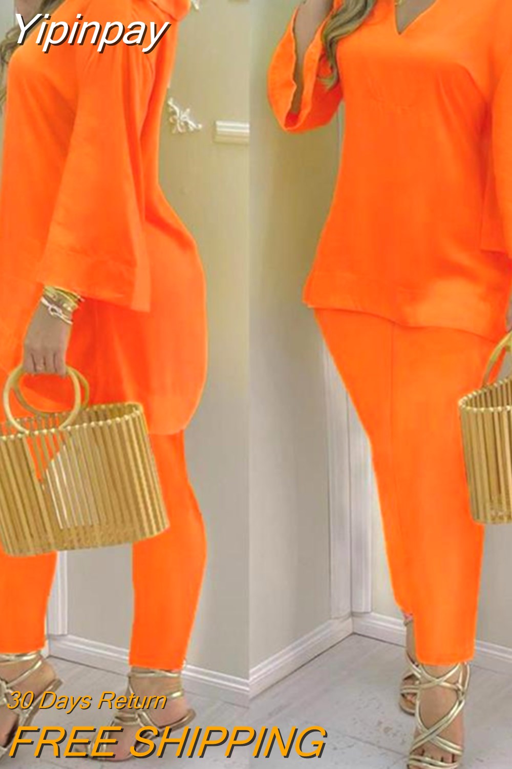 Yipinpay Sleeve V-Neck Casual Top & Pants Set Two Piece Sets Womens Outifits 2023 Summer Female Fashion Casual Suit