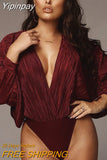 Yipinpay Deep V-Neck Pleated Sexy Bodysuit For Women Black Long Sleeve Bodysuit Rompers Femme Fall Clothing 2023 Fashion Tops