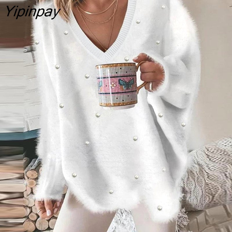 Yipinpay Women Casual Beaded Decor Long Sleeve Fluffy Top