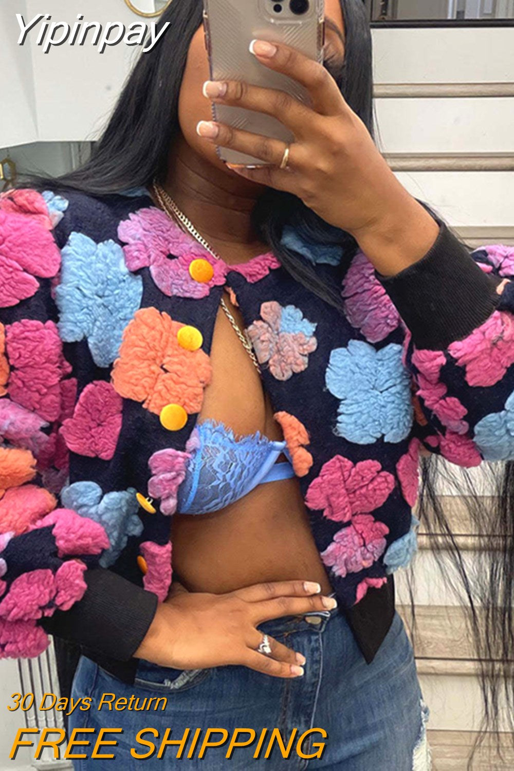 Yipinpay Cotton Rib Knit Sweater For Woman 3D Flower Single-breasted Cardigan Coat Street Temperament Casual Pull Hiver Femme