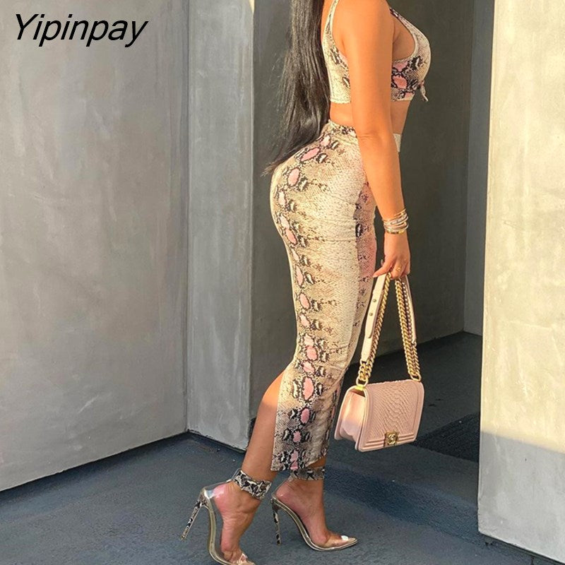 Yipinpay Women Clothes Snakeskin Print Crop Top & High Waist Maxi Skirt Set Casual Look for Women 2023