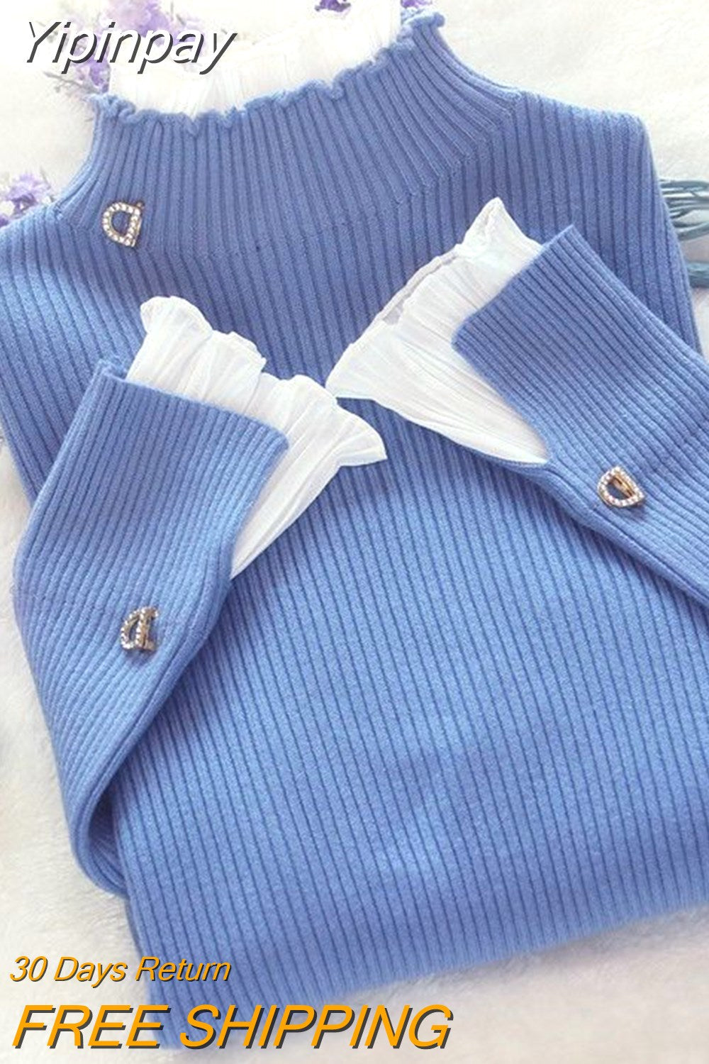 Yipinpay bottoming sweater fake two-piece pullover lace lotus leaf fungus edge collar top female autumn summer new bell sleeves