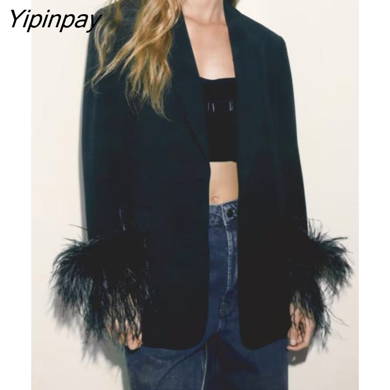 Yipinpay 2023 Women Feather Blazer Jackets Spring Autumn Notched Office Outfits Pockets Coats Single Button Long Sleeve Chic Outwear