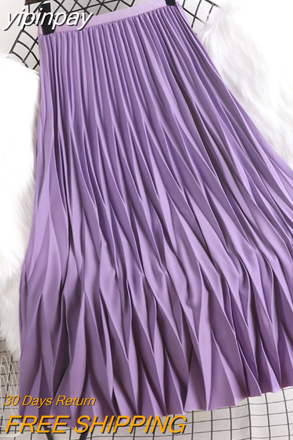 yipinpay 2023 Korean Summer Fashion Wave Pleated Long Midi Skirt Women Solid Color Casual Kawaii High Waist Mid-Calf Skirts