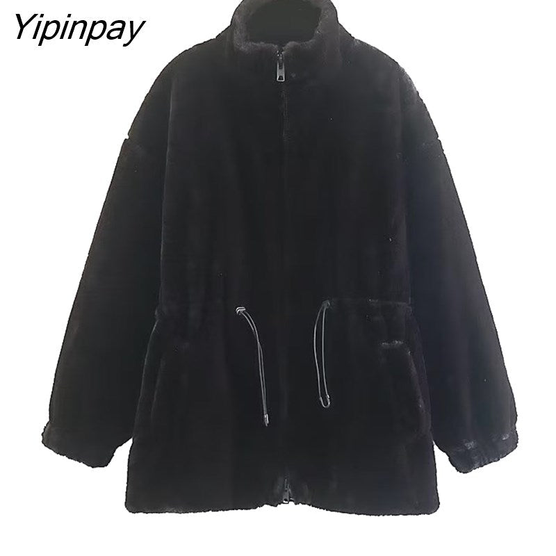 Yipinpay 2023 Women Winter Thicken Faux Fur Coat Zipper Cardigan Loose Jacket Solid Stand Collar Sweat-shirt Outwear Overcoat