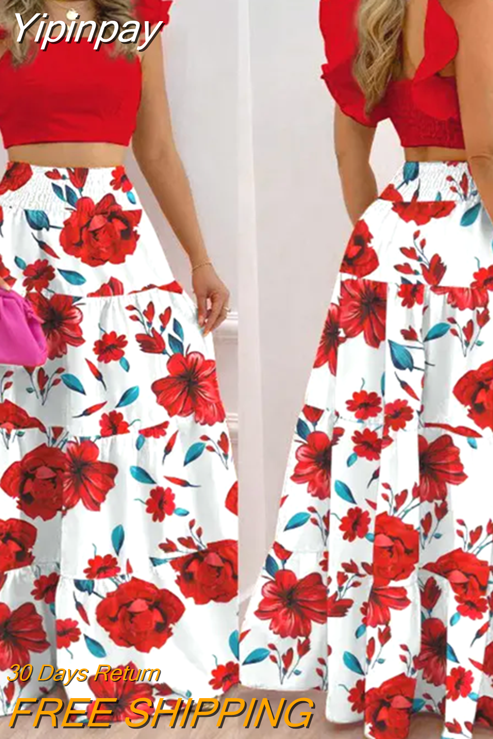 Yipinpay Female Hot Style Ruffled Suspenders Pleated Back Crop Top and Long Skirt Solid Color Two-piece Set Women 2023 Fashion