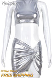Yipinpay Piece Set Women Silver Bright Outfits Sexy Turtleneck Backless Corset Crop Top+High Waist Ruched Skinny Mini Skirts 2023