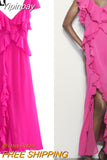 Yipinpay 2023 Chiffon Ruffle Dress Woman Short Sleeve Long Dresses Women Summer Midi Party Dresses Backless Elegant Evening Dress