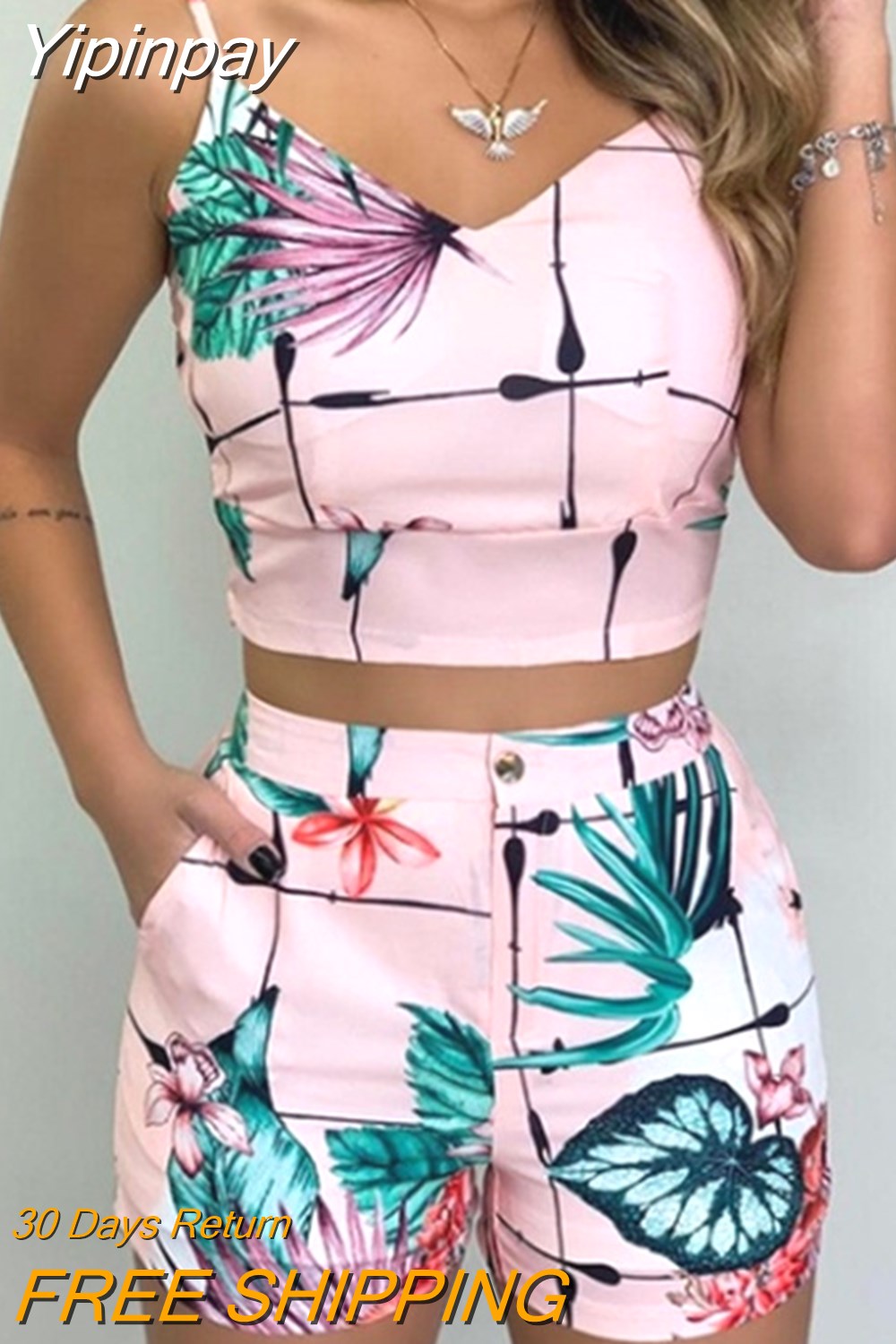 Yipinpay Print Suit Two-piece Women's Tropical Print Suspender Top and Fashionable Street Casual Shorts Suit Female Summer