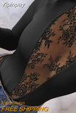 Yipinpay Women Basic Solid Lace Patch Long Sleeves Sexy Skinny Black Blouses Tops