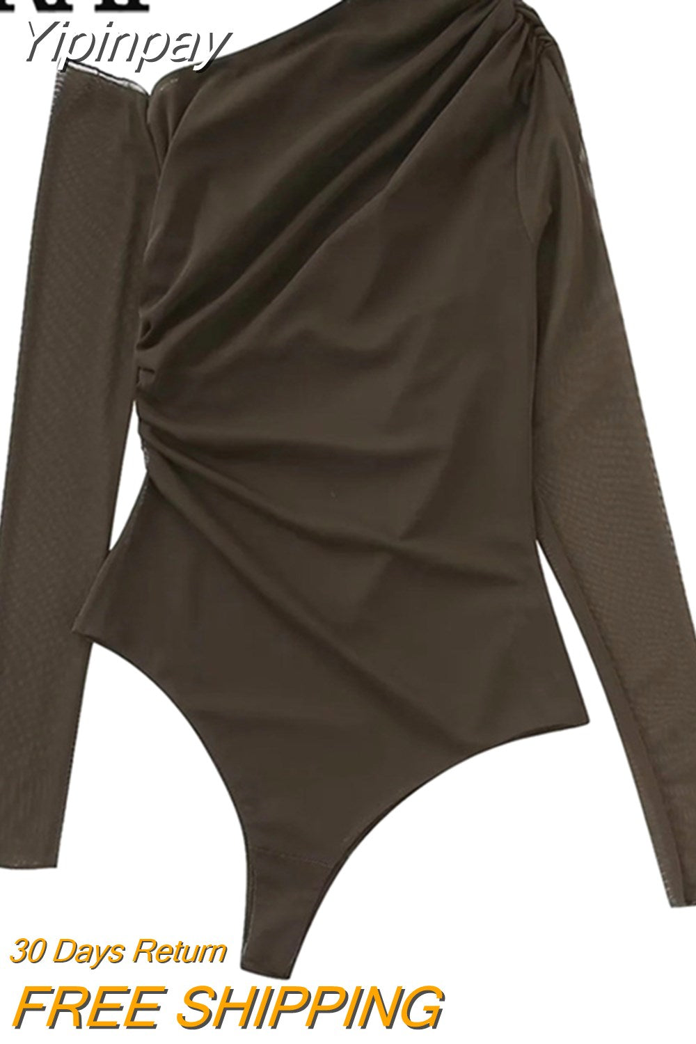 Yipinpay Brown Mesh Bodysuit Women Long Sleeve Body Woman Tulle See Through Bodysuit Lingerie Sexy Off Shoulder Asymmetrical Top