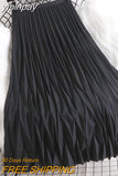 yipinpay 2023 Korean Summer Fashion Wave Pleated Long Midi Skirt Women Solid Color Casual Kawaii High Waist Mid-Calf Skirts