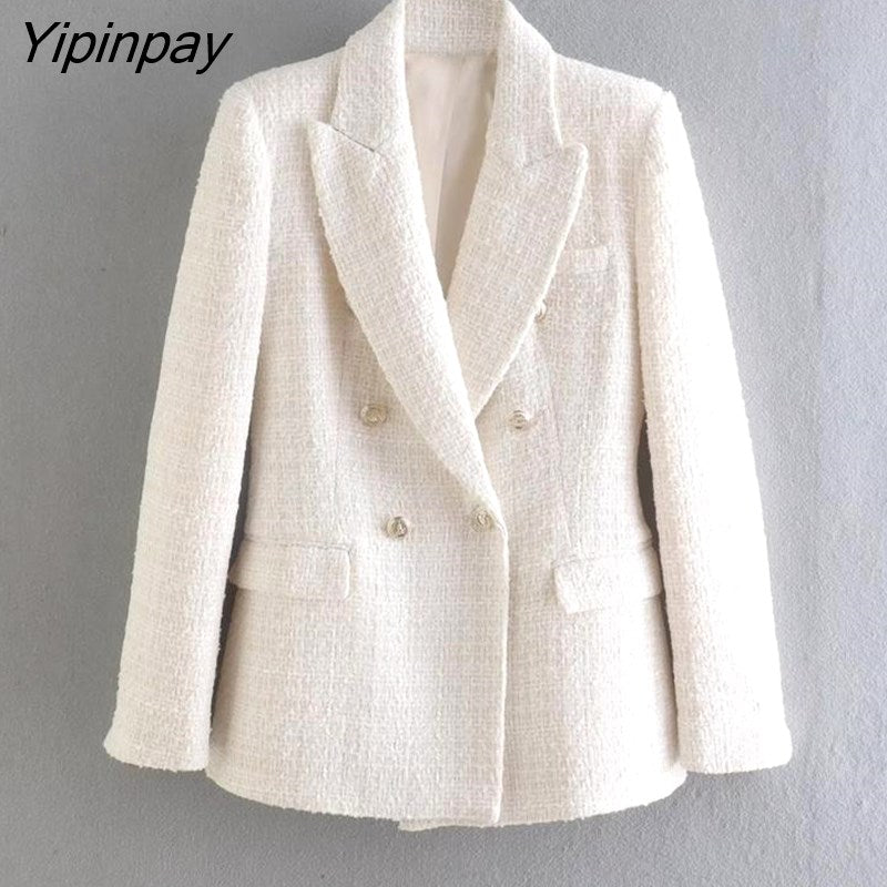 Yipinpay Spring Autumn Women Jacket Coat 2023 Fashion Double Breasted Tweed OL Blazer Vintage Long Sleeve Female Outerwear Chic Top